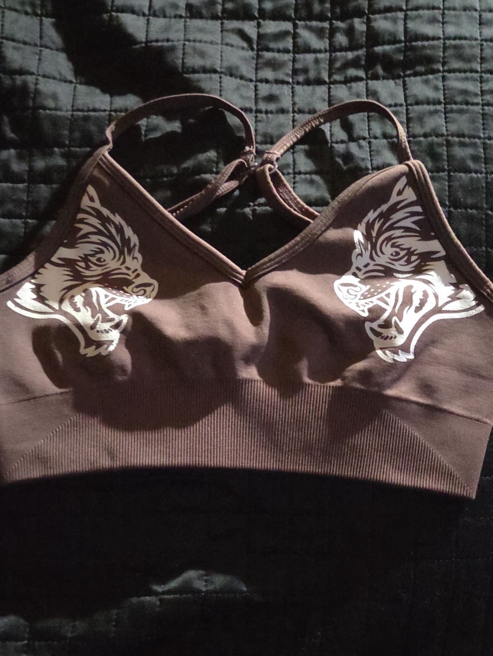 Darc Sport Brown Wireless Graphic Bralette with White Wolf Design